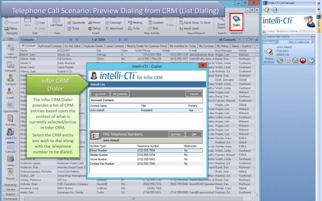 Screenshot: CTI for Infor CRM Preview Dialing from a List